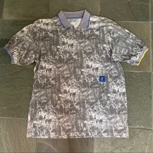 Ixspa gray tie dye golf polo, blue and yellow trim all cotton